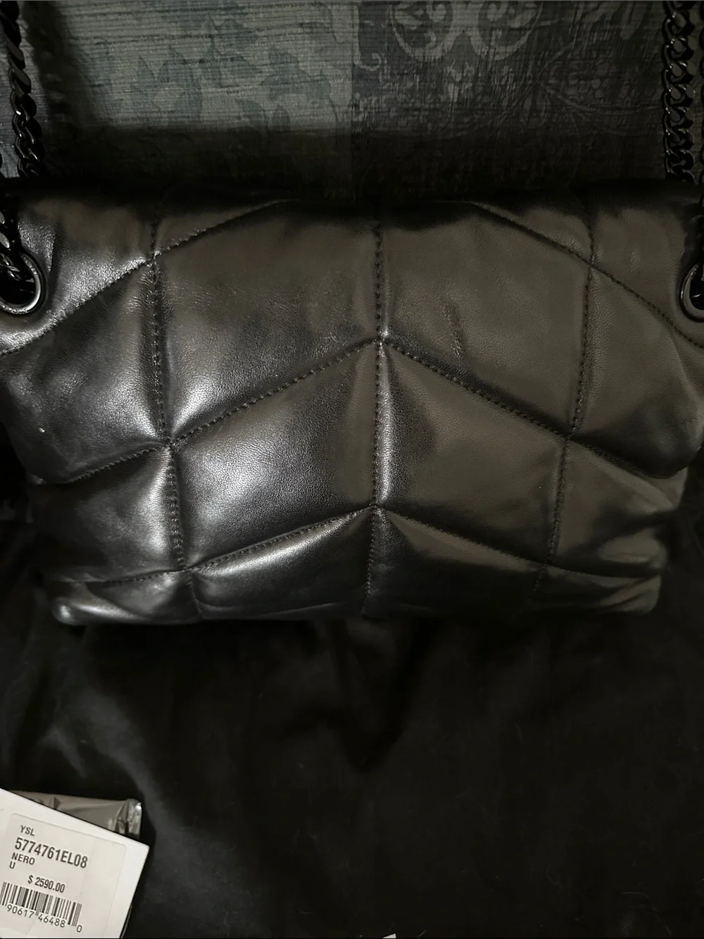 Saint Laurent Black Quilted Puffer Lambskin Shoulder Bag with Chain Strap